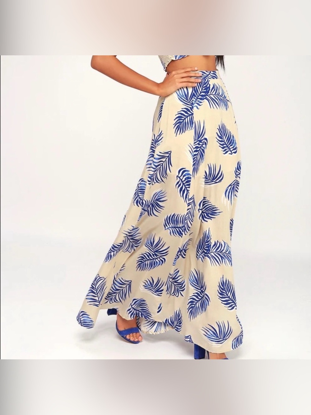 Lulus Blue Palm Leaf Print High Waist Maxi Skirt Size Small